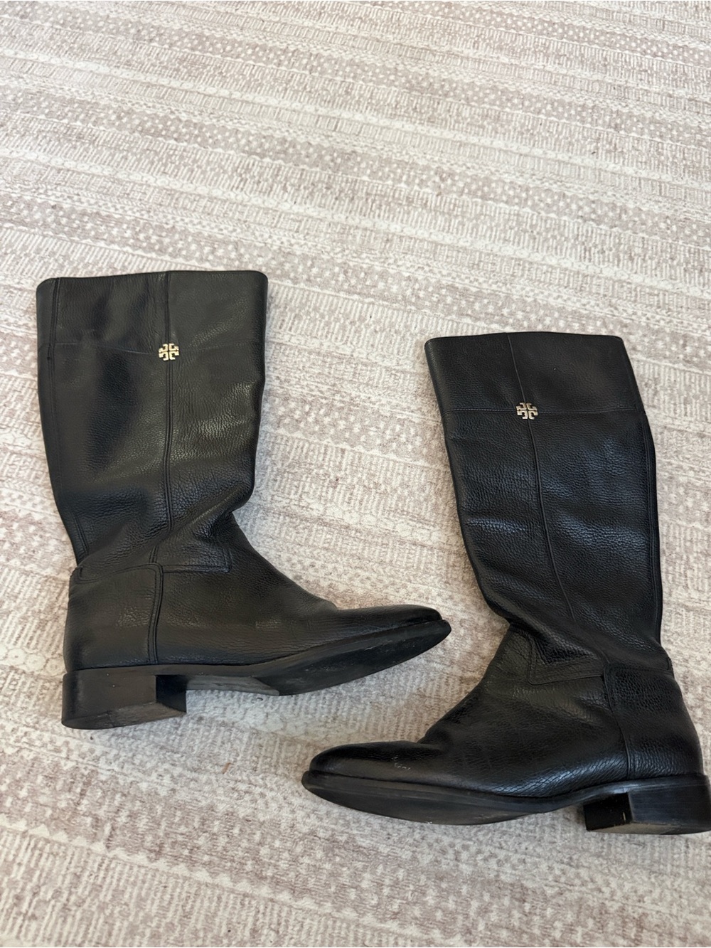 Tory Burch Black Leather Mid-Calf Boots with Gold Logo